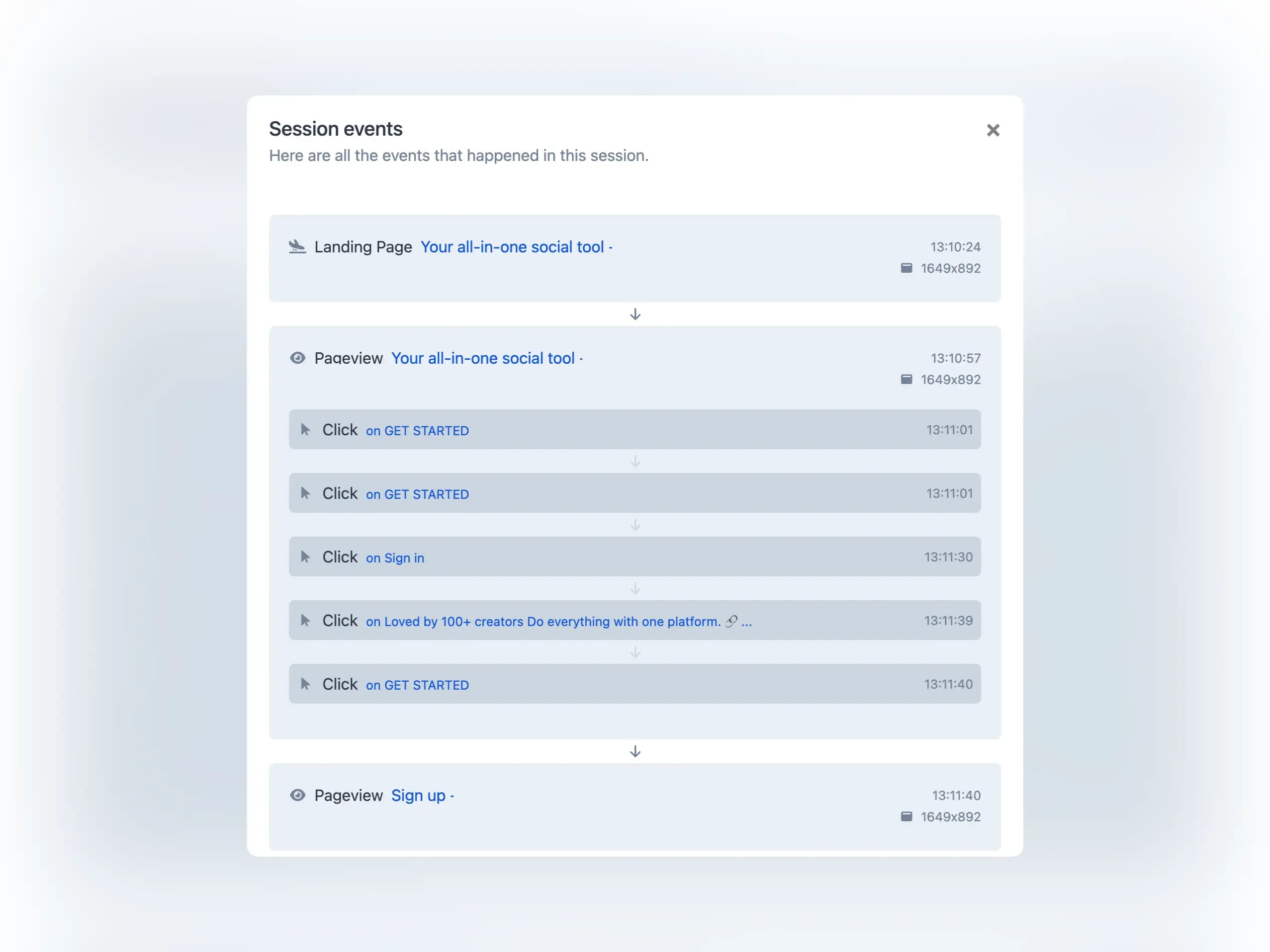Screenshot of the app visitor events list page