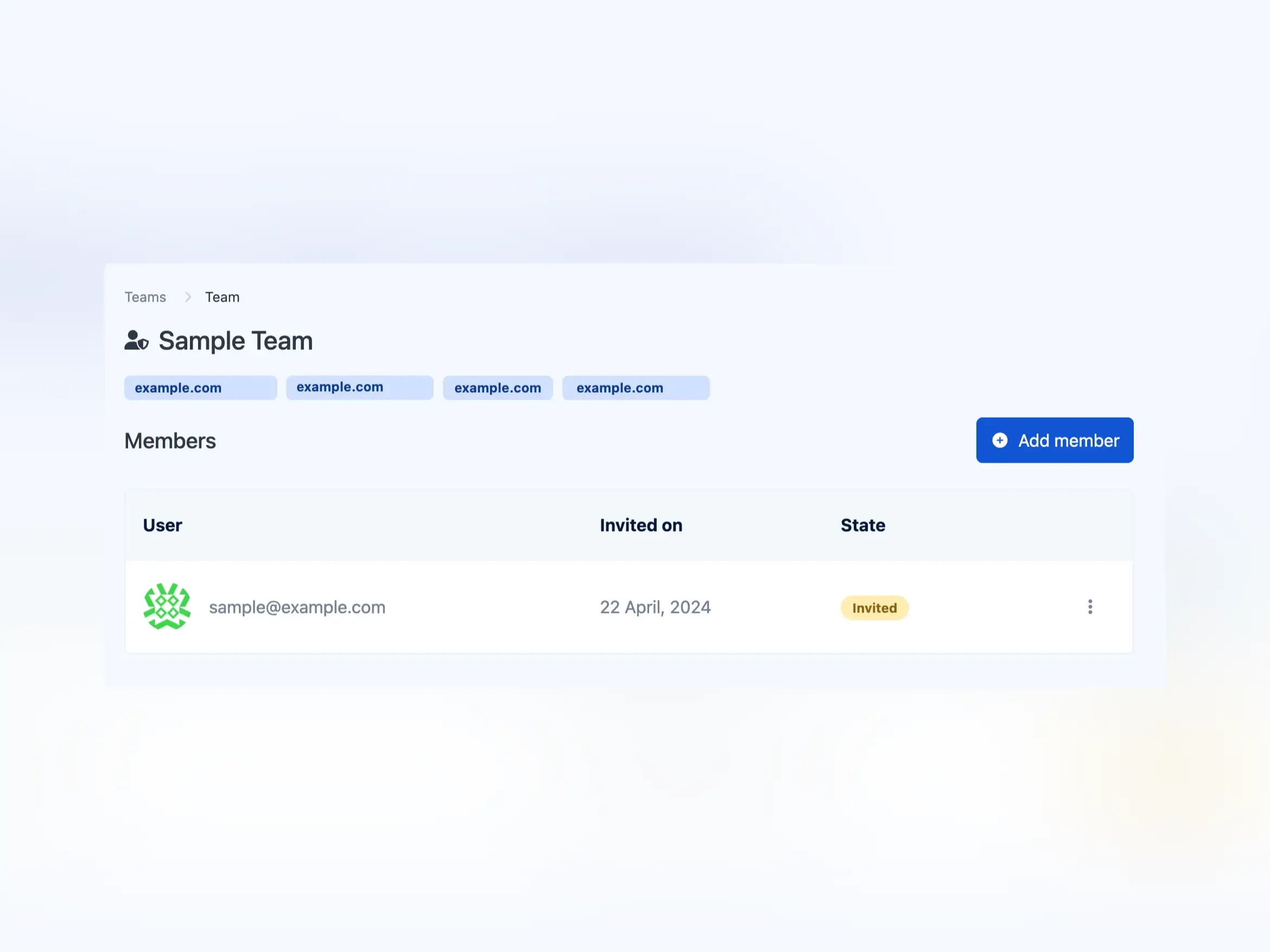 Screenshot of the app teams page